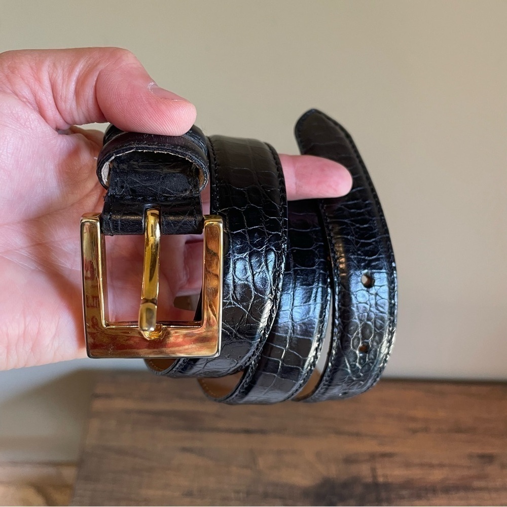 Talbots Genuine Italian Leather belt black gold-tone buckle Large Crocod…